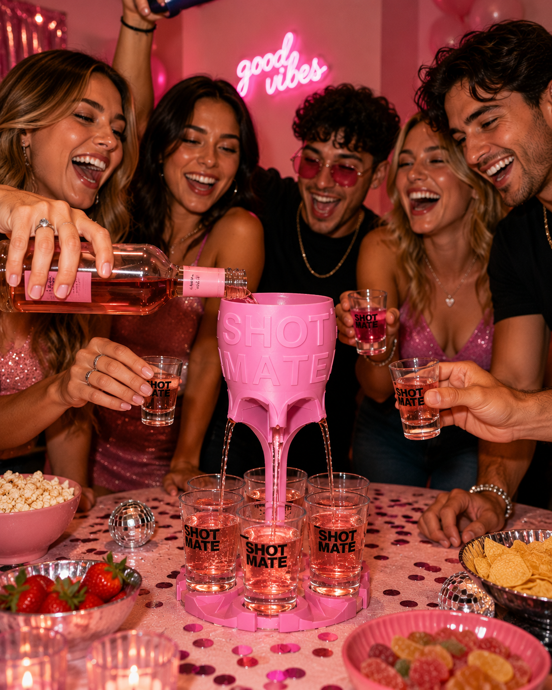 Friends pouring shots with Shotmate at a party
