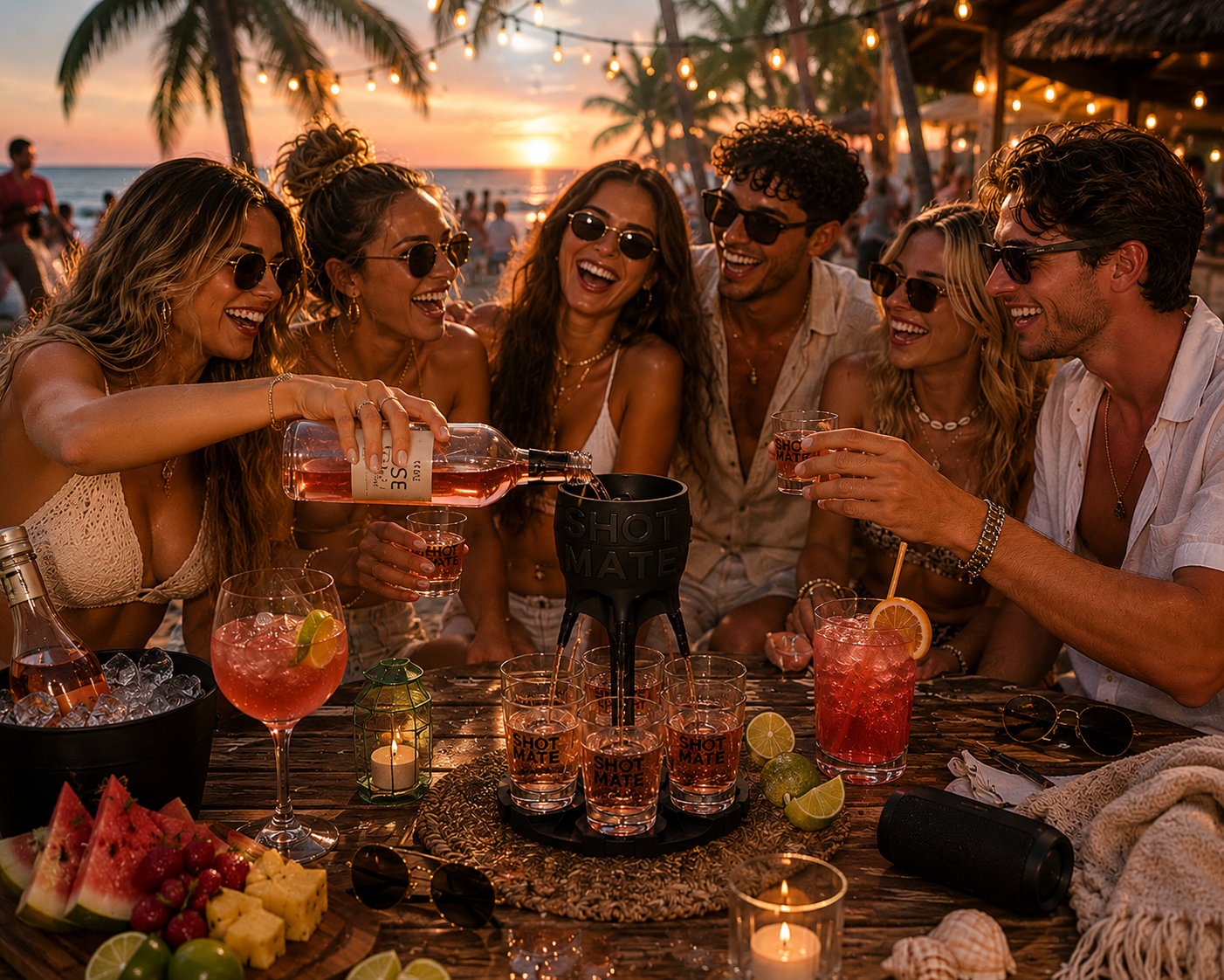 Friends sharing Shotmate shots at a beach sunset party